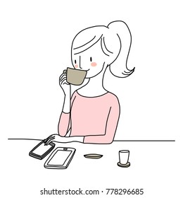 Woman lifestyle concept with cute young woman sipping her coffee while she sending text, surfing the internet on her smartphone. Vector illustration with hand-drawn style.