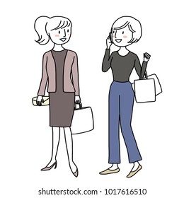 Woman lifestyle concept with two cute women shopping together. Cheerful woman with shopping bags talking on phone during shopping with her friend. Retail customers purchasing some goods at the mall.