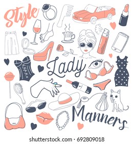 Woman Lifestyle Freehand Doodle. Hand Drawn Female Accessories and Makeup. Vector illustration