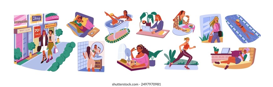 Woman lifestyle. Girls work and leisure. Daily activities. Female eating lunch and running in park. Home life. Morning sleep in bedroom. People relax and do shopping. Vector cartoon exact scenes set