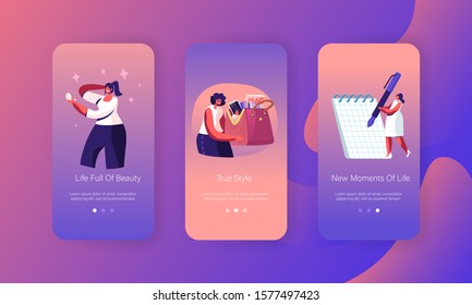 Woman Lifestyle and Ladies Stuff Mobile App Page Onboard Screen Set. Girl Holding Bag with Things, Look in Mirror, Write in Notepad Concept for Website or Web Page. Cartoon Flat Vector Illustration