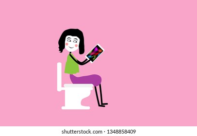 woman lifestyle use smartphone while using toilet. chat, online and use social media in toilet. vector illustration.