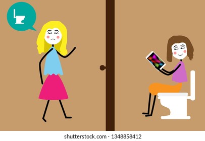 woman lifestyle use smartphone while using toilet. chat, online and use social media in toilet. vector illustration.