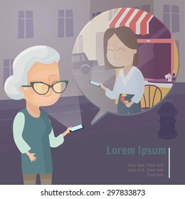 Woman lifestyle vector illustration. Young girl and old lady chatting by smartphone while walking on the street in the city