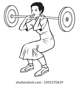 A woman lifted a barbell in wrong outfit. Illustration in black and white and vector format. This is not an AI Generated content.