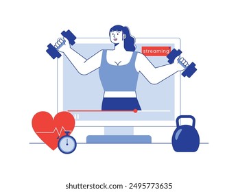 Mujer levantando una barra, transmisión en vivo de deportes para sus espectadores. Vida saludable. Diseño de personajes. Ilustración plana de Vector