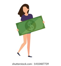 woman lifting bill money dollar character