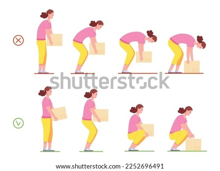 Woman lifting box. Correct and incorrect handling heavy objects, painful or safety posture for carry heaviness, wrong proper lift work women position, vector illustration of right lifting and carry