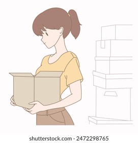 Mujer levantando la caja, mudándose a un nuevo lugar. Estudiante mudándose al dormitorio, apartamento. Cajas de embalaje cerca. Dibujado a mano Ilustración vectorial de personaje de dibujos animados.