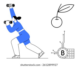 Woman lifting dumbbells in activewear, symbolic cherry, and Bitcoin technology representation. Ideal for fitness, health, cryptocurrency, technology, and modern lifestyle themes. Simple, minimal