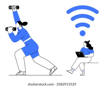 Woman lifting dumbbells, another sitting with tablet large wireless symbol above. Ideal for fitness, technology, remote work, online connectivity, exercise routines, digital lifestyle, healthcare