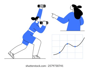 Woman lifting dumbbells during a workout, instructor pointing at a growth chart with upward trend. Ideal for fitness, health, coaching, progress tracking, and personal growth themes. Modern