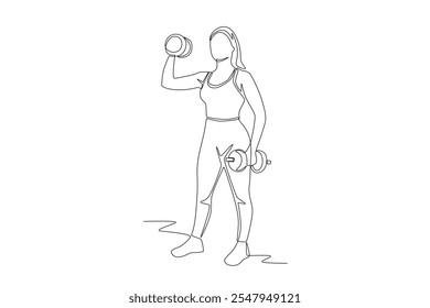 Mujer levantando pesas. Concepto de mujer de fitness dibujo de una línea