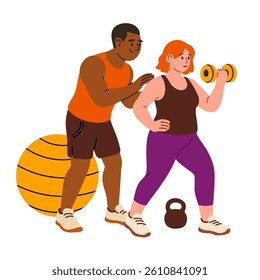 Woman lifting dumbbells with help of personal trainer during workout on white background