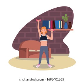 woman lifting dumbbells in the house vector illustration design