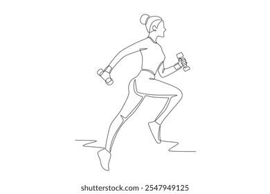 Mujer levantando pesas mientras hace ejercicio. Concepto de mujer de fitness dibujo de una línea