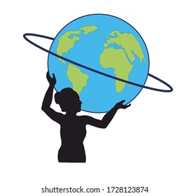 WOMAN LIFTING EARTH PLANET WITH GALAXIES