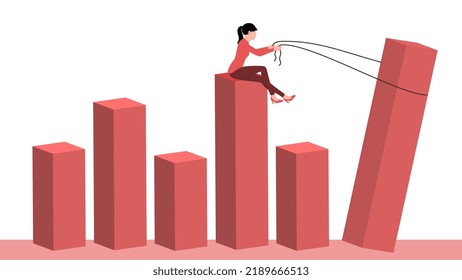 Woman lifting graph with help of rope, flat business character vector illustration. 
