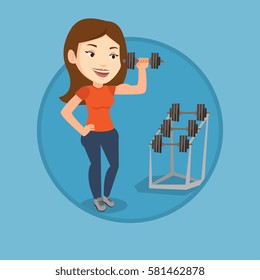 Woman lifting heavy weight dumbbell. Caucasian sportswoman doing exercise with dumbbell. Weightlifter holding dumbbell in the gym. Vector flat design illustration in the circle isolated on background.