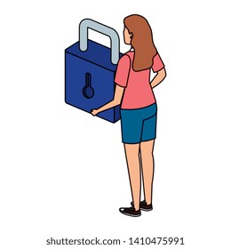 woman lifting safe secure padlock