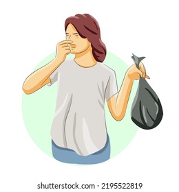 Woman lifting smelling garbage toxic