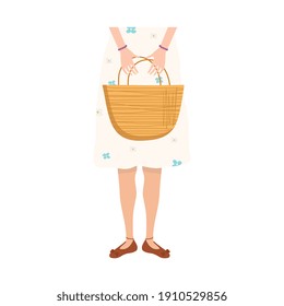woman lifting straw bag character vector illustration design