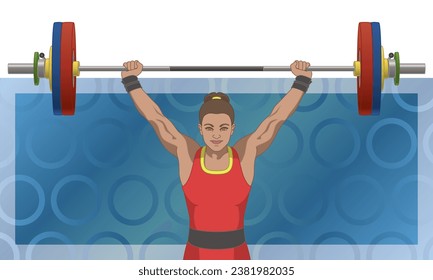 woman lifting weights above head with abstract background