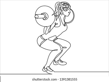 Woman lifting weights continuous one line drawing.  Squats with barbell linear design element