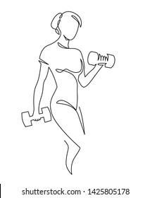 Woman Lifting Weights Continuous One Line Drawing. Female Bodybuilder Vector Hand Drawn Silhouette Clipart. Lady Working Out. Gym Training Illustration. Squats With Barbell Linear Design Element