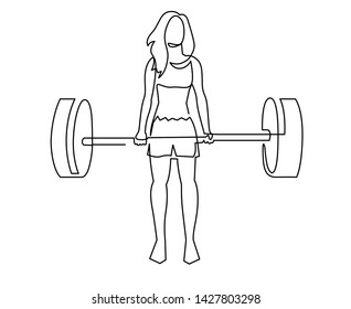 Woman lifting weights continuous one line drawing. Female bodybuilder vector hand drawn silhouette clipart. Lady working out. Gym training illustration. Squats with barbell linear design element