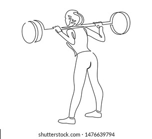 Woman lifting weights continuous one line drawing. Female bodybuilder vector hand drawn silhouette clipart. Lady working out. Gym training illustration. Squats with barbell linear design element