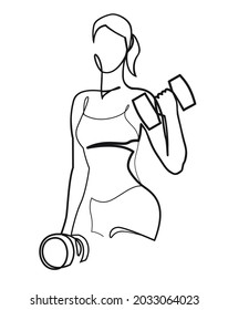 Woman lifting weights continuous one line drawing. Female bodybuilder vector hand drawn silhouette clipart. Lady working out. Gym training illustration.