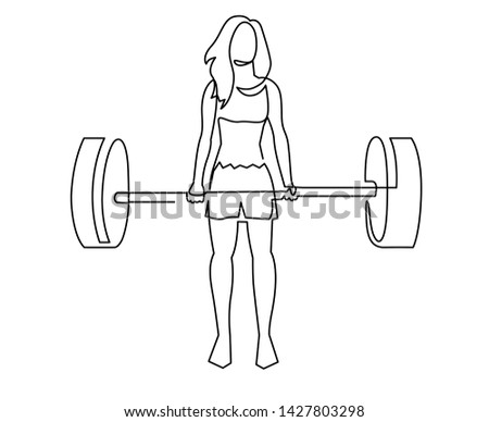 Woman lifting weights continuous one line drawing. Female bodybuilder vector hand drawn silhouette clipart. Lady working out. Gym training illustration. Squats with barbell linear design element