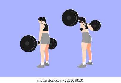 woman lifting weights with different poses, movements. back view. female athlete training in gym with barbell. fitness, body building, exercise. vector illustration in flat style.