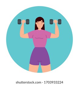 woman lifting weights in frame circular isolated icon vector illustration design