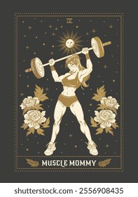 woman lifting weights, tarot card, muscle mommy, mystic illustration with sun and flowers