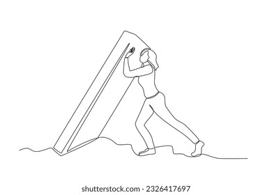 A woman lifting weights. Work obstacle one-line drawing