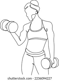 A woman lifts kettlebells in a continuous one line drawing. Female bodybuilder vector hand drawn silhouette clipart. Lady is working. Gym illustration.