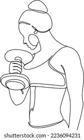 A woman lifts kettlebells in a continuous one line drawing. Female bodybuilder vector hand drawn silhouette clipart. Lady is working. Gym illustration.