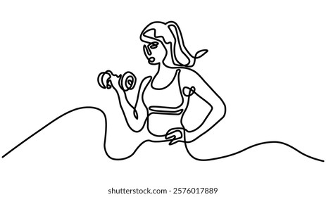 A woman lifts kettlebells in a continuous one line drawing. Female bodybuilder vector hand drawn silhouette clipart, Single continuous line drawing of young sportive man training up and down