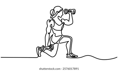 A woman lifts kettlebells in a continuous one line drawing. Female bodybuilder vector hand drawn silhouette clipart, Single continuous line drawing of young sportive man training up and down