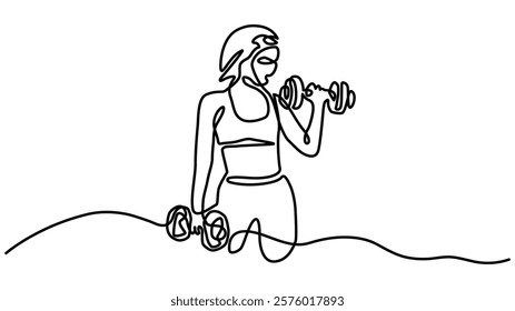 A woman lifts kettlebells in a continuous one line drawing. Female bodybuilder vector hand drawn silhouette clipart, Single continuous line drawing of young sportive man training up and down