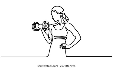 A woman lifts kettlebells in a continuous one line drawing. Female bodybuilder vector hand drawn silhouette clipart, Single continuous line drawing of young sportive man training up and down