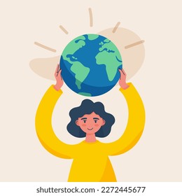 Woman lifts the planet earth with her arms. Concept of sustainability, girl power, Earth Day. Vector illustration, flat design
