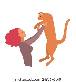 A woman lifts a tall ginger cat up in the air, both looking at each other with affection.