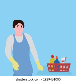 woman in light blue apron and yellow gloves next to basket with household cleaning implements on light blue background