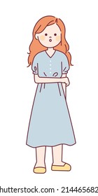 A woman in a light blue one-piece dress is standing in a shy pose. flat design style vector illustration.