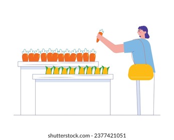 A woman in a light blue shirt holding a carrot at a market, wearing a sling bag, stands looking at vegetables. Character design. Vector flat illustration