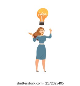 Woman with Light Bulb Above Head as Smart Idea and Solution Vector Illustration