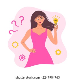 Woman with light bulb find good idea. Solution of the problem, Brainstorming, Inspiration concept.